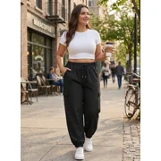 Cueply Womens Plus Size Cargo Pants with Pockets Casual Joggers Sweatpants Drawstring Adjustable Loose Fit Workout