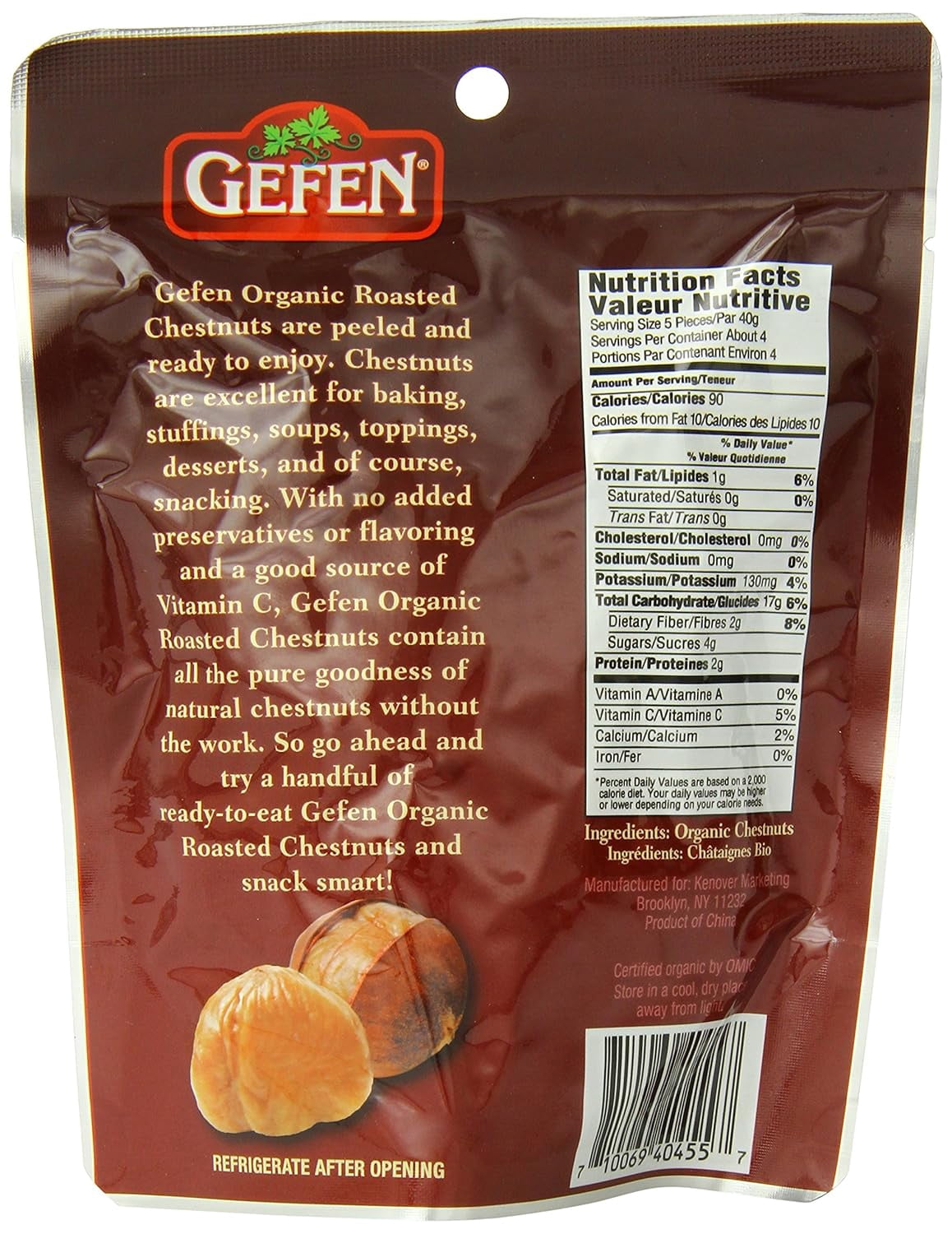 Gefen Whole Organic Chestnuts, Roasted and Peeled , 5.2-Ounces (Pack of 6)