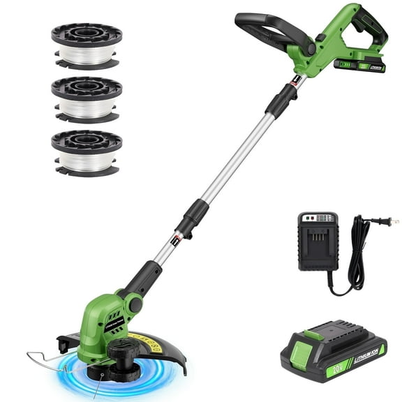 TACKLIFE 20V 12" Cordless String Trimmer & Edger, Handle Adjustable Weed Eater  Grass Trimmer with 3 lines, 2.0Ah Battery & Charger, Auto Line Feed,Green