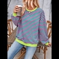 thumbnail image 4 of Sudadera Holgada Informal de Larga con Cuello Redondo y Bloques de Colores A Rayas de Gran Tamaño para Mujer, Estilo Y2K Rosa Verde L, 4 of 10