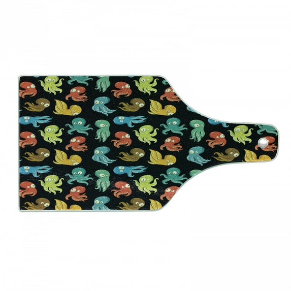 Octopus Cutting Board, Octopus Cartoon Drawing Style Funny Characters from Ocean Underwater Life Image, Tempered Glass Cutting and Serving Board, Wine Bottle Shape, Multicolor, by Ambesonne