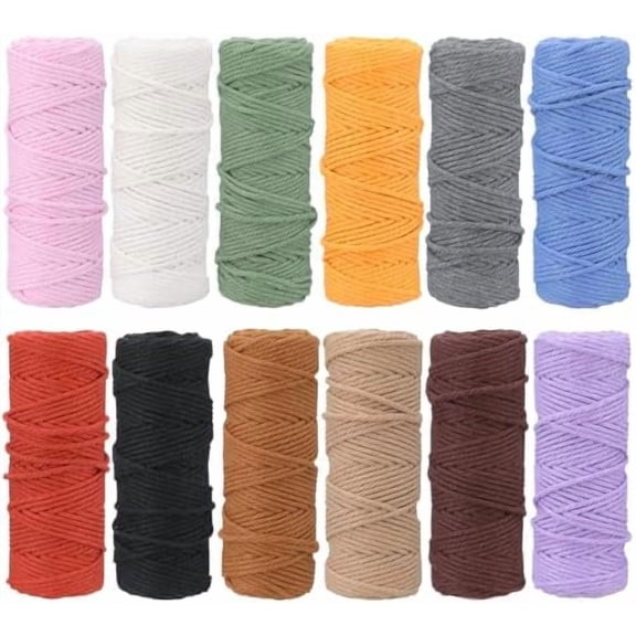 12 Rolls Macrame Cord 4 Strand 3 MM x 660 Yards Natural Cotton Rope Bulk Colored Cotton Craft Cord DIY Twine Colorful Macrame String for Knitting Gift Wrapping Wall Hanging Plant Hanger