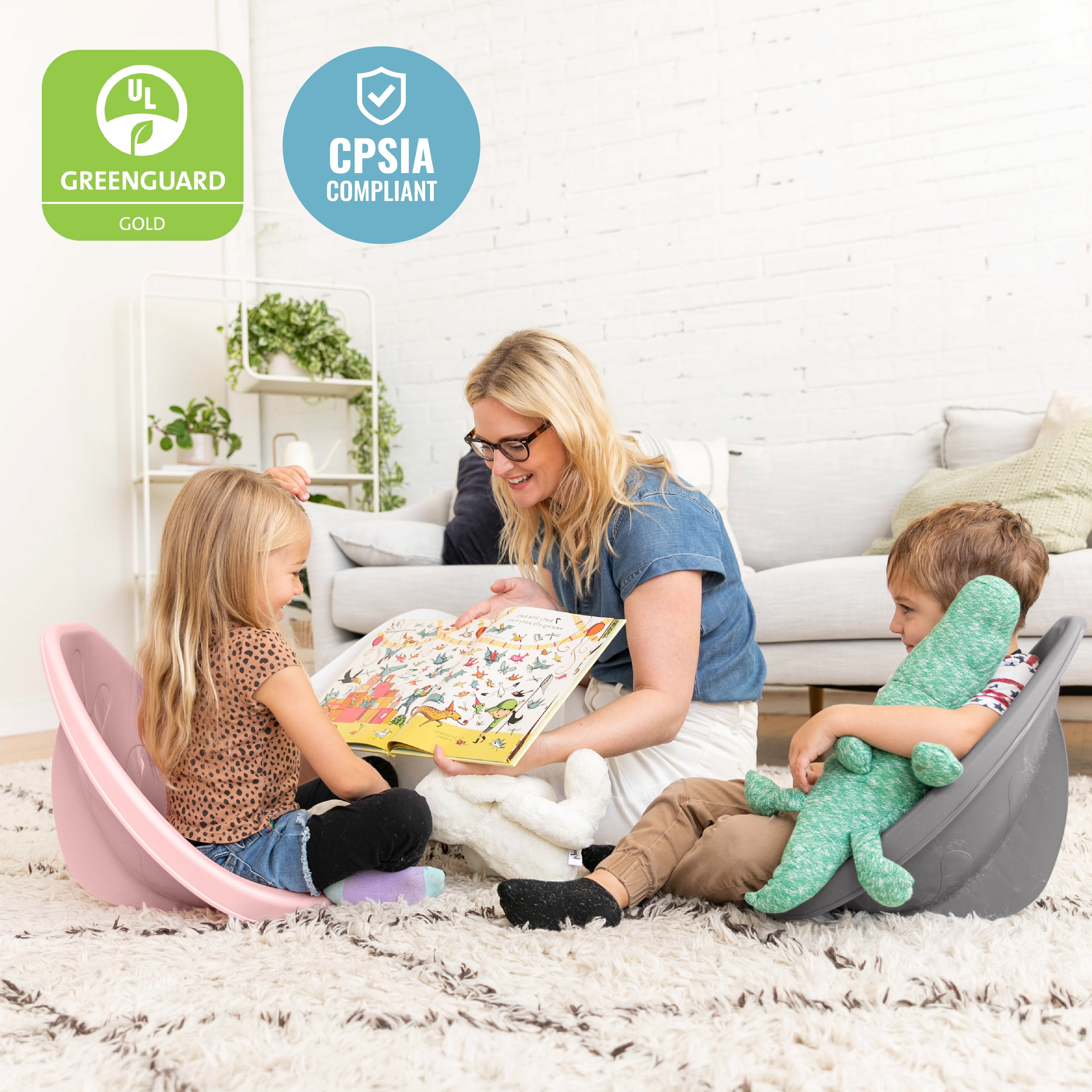 ECR4Kids Plastic Leaf Scoop Floor Rocker Seat, Classroom Furniture, Pink/Grey, 6-Piece