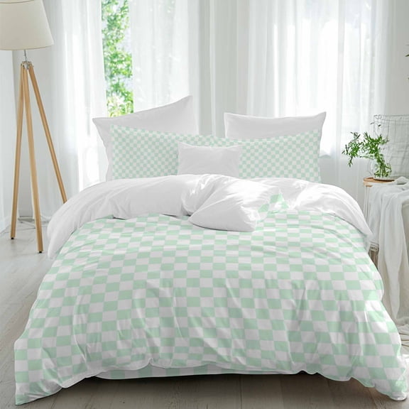 Grid Queen Duvet Cover Set, Modern Minimalist Gingham Mint Green White Plaid 4 Piece Microfiber Bedding Set with Zipper Closure, Bed Sheet and 2 Pillow Shams, Soft Bedding Cover