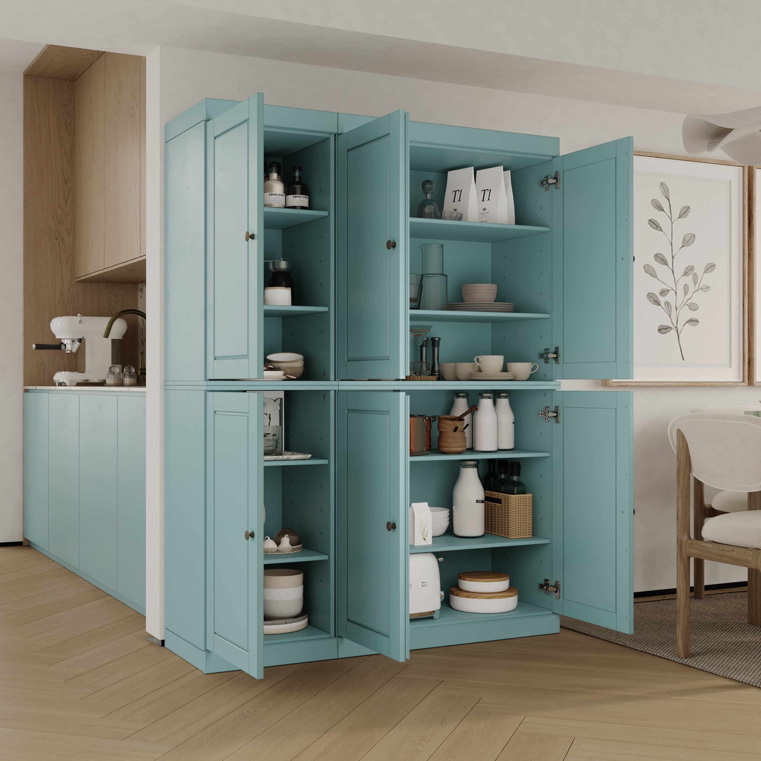Palace Imports 100% Solid Wood Kitchen Pantry Storage Cabinet with Doors and Adjustable Shelves, 6-Door, Aqua Blue