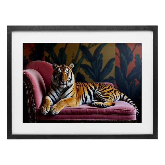 Exotic Tiger Lounging Black Framed Print Under Glass, design by Lettered and Lined