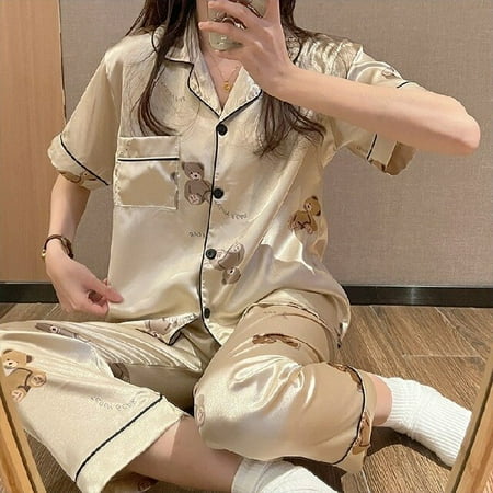 

CoCopeaunt Womens Suit Ice Silk Satin Pajamas Set Short Sleeve Trouser Suits Button-Down Sleepwear Loungewear Shorts Female Pyjamas