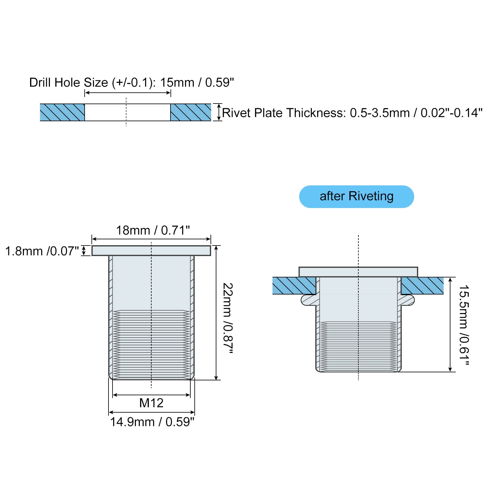 M12 Rivet Nuts, 50 Pack Zinc Plated Carbon Steel Knurled Flat Head Threaded Insert Nuts