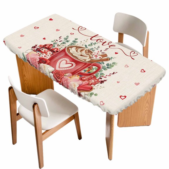 Valentine's Day Table Cloths for 5 Foot Rectangle Tables, Eucalyptus Leaves Coffee Gifts Romantic Rustic Patio Waterproof Elastic Fitted Tablecloths, Washable Rectangular Table Cover for Camping