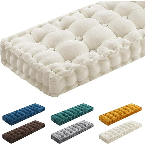42x16 Inch Bench Cushions for Indoor Furniture Chenille Velvet Beige Button Tufted Thicken Seat Pad Mat with Memory Foam, Window Floor Sofa Chair Cushion for Living Room Patio Porch Swing