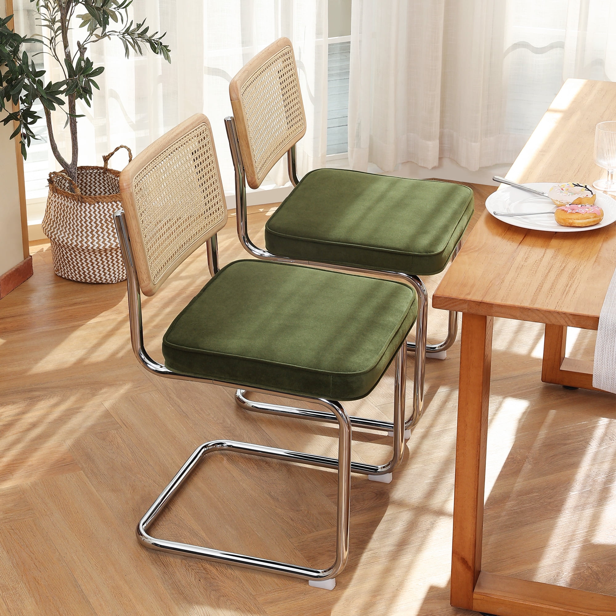 Zesthouse Rattan Dining Chairs Set of 4, Velvet Upholstered Dining Chairs with Cane Back and Chrome Legs, Mid Century Modern Kitchen Side Chairs for Living Room, Green