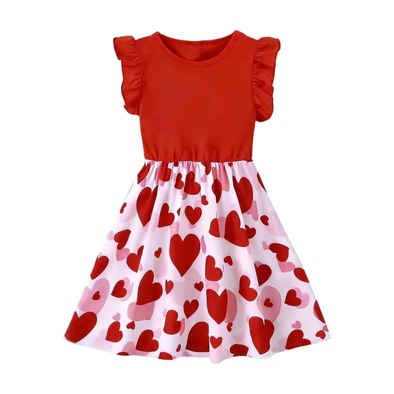 Likimi Children Girls Summer Dress Fly Sleeve Crew Neck Hearts Print Breathable Dresses Red Size 5-6 Years