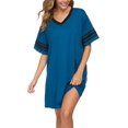 thumbnail image 3 of Chemise de Nuit pour Femmes, Chemise de Nuit en Coton Col en V Manches Courtes Pyjama Ample Confortable Robe Décontractée, Bleu, 3 of 5