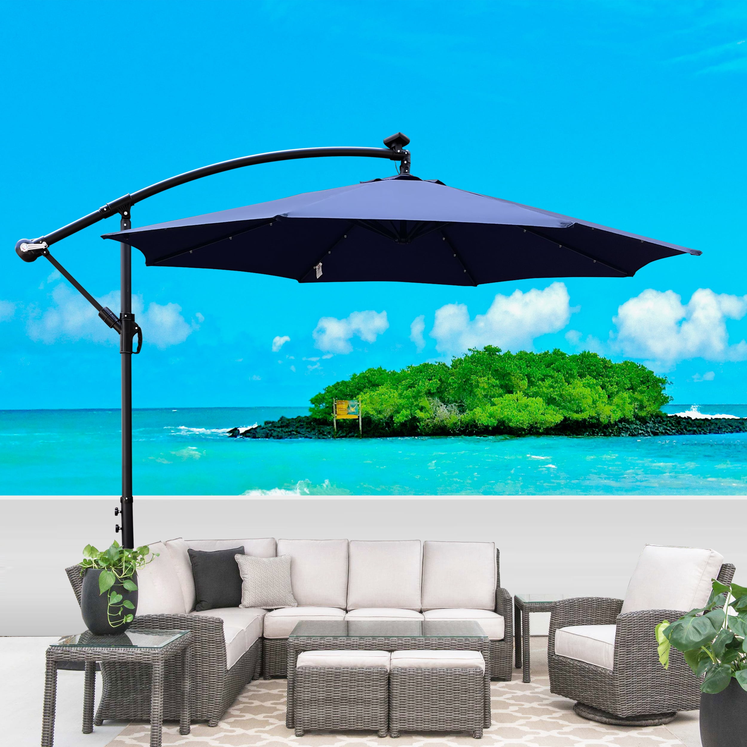 10 FT Round Outdoor Patio Umbrella, Solar LED Lighted Waterproof Sun Shade Umbrella with Stable Base, Navy Blue