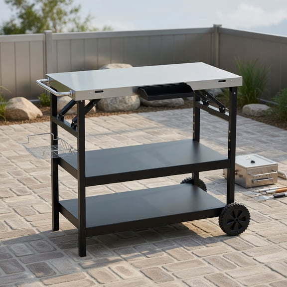 Resenkos Outdoor Patio Barbecue Cooker, Outdoor Grills,3 Tiers Foldable Outdoor Cart on 2 Wheels with Phone Holder-Black