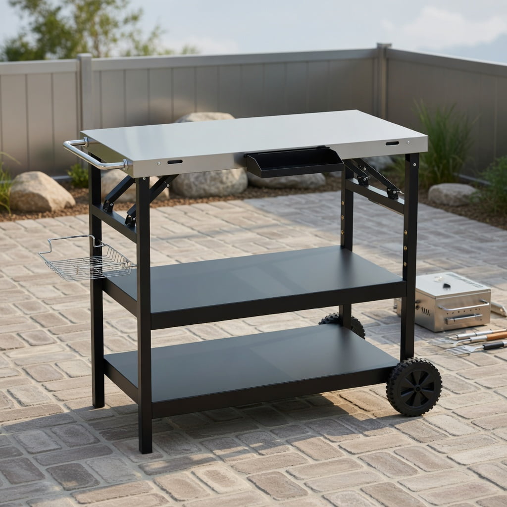 Resenkos Outdoor Patio Barbecue Cooker, Outdoor Grills,3 Tiers Foldable Outdoor Cart on 2 Wheels with Phone Holder-Black