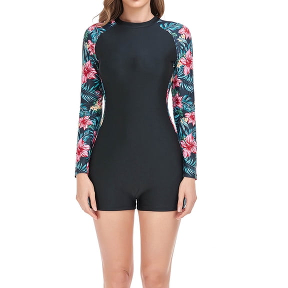 Guluxicc Women's Long Sleeve Rash Guard One Piece Swimsuit Floral Print Boyshort Bottom Surfing Bathing Suit Summer Beach Swimwear