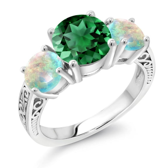 Gem Stone King 3.65 Ct Green Simulated Emerald White Simulated Opal 925 Sterling Silver 3-Stone Ring (Size 7)