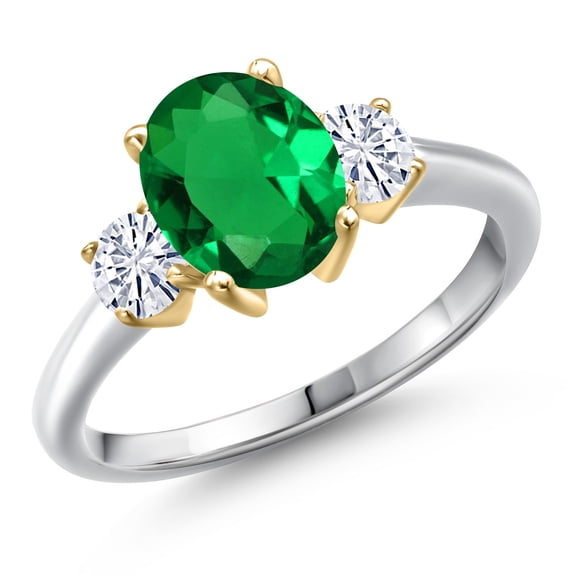 Gem Stone King 10K Two Tone Gold Green Nano Emerald and White Moissanite Engagement Ring for Women | 1.96 Cttw | Oval 9X7MM | Gemstone May Birthstone | Size 6