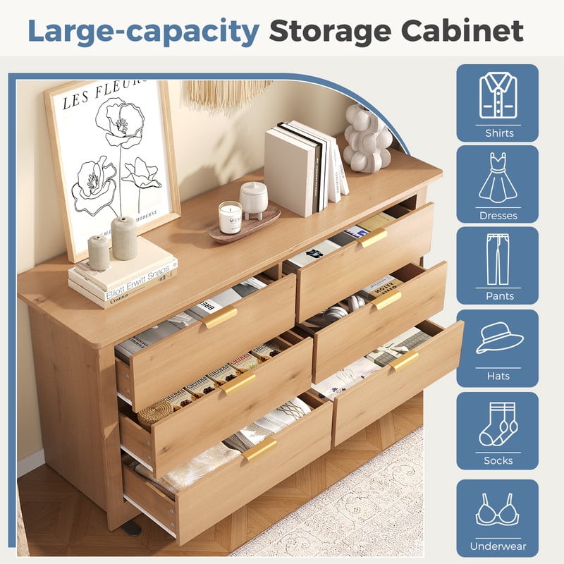 Gianna Dresser for Bedroom with 6 Drawers 59 Inch Chest of Drawers Wooden Dressers for Closet Living Room，Wood