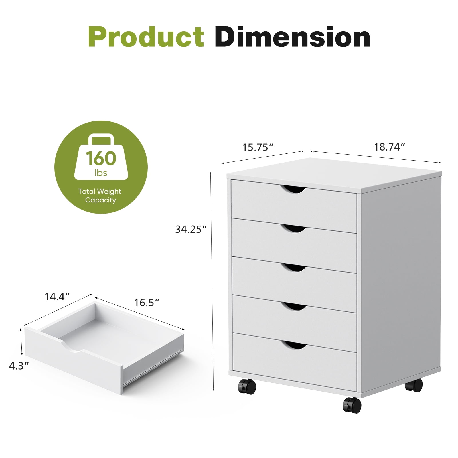 Gianna 5-Drawer Portable Storage Cabinet on Wheels for Office, Bedroom & Home Organization, White