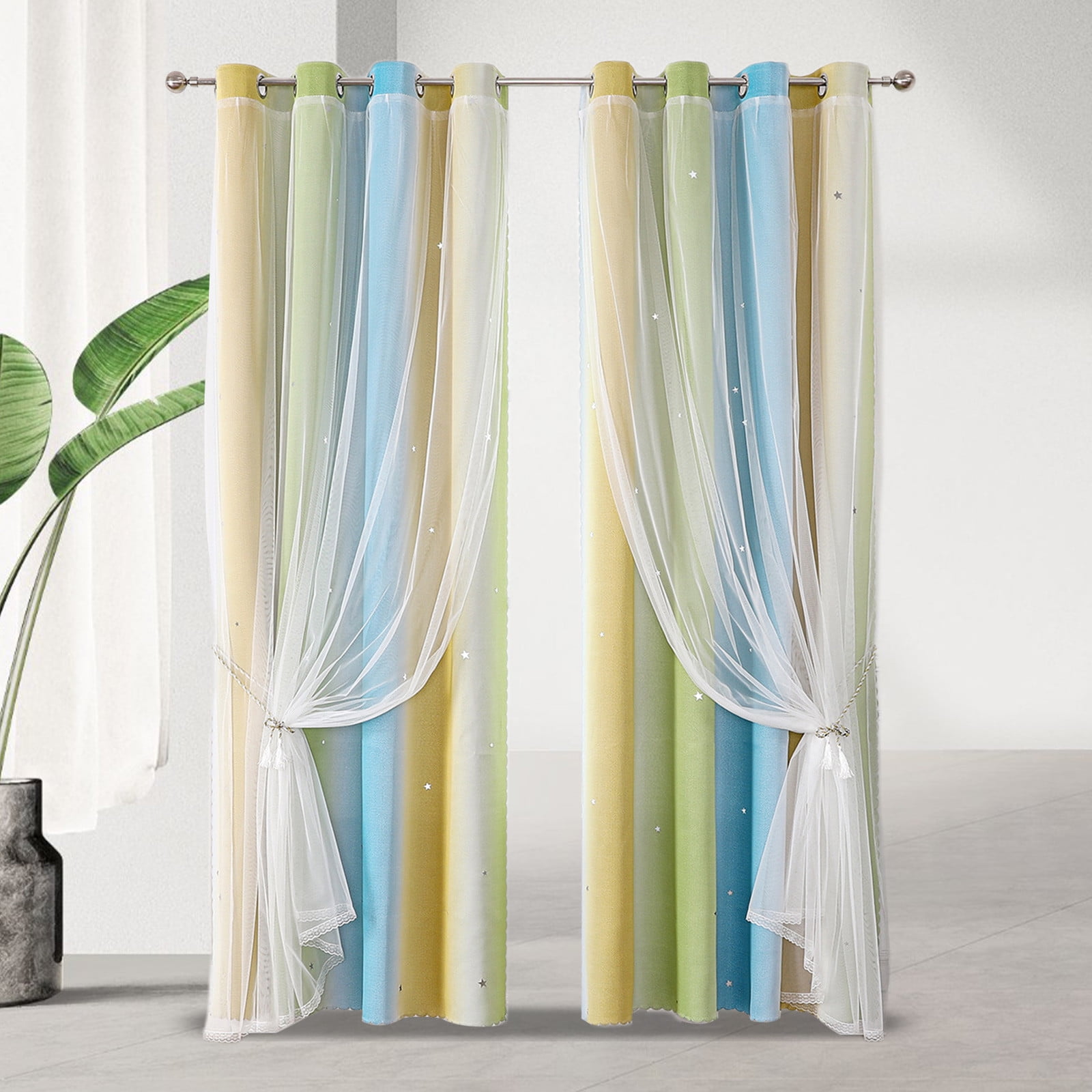 2-in-1 Double-Layer Kids & Girls Unicorn Princess Ombre Blackout Curtains with Foil Print Sheer,Panels for Bedroom, Nursery, Living Room - Yellow Purple Blue, 52W x 63L