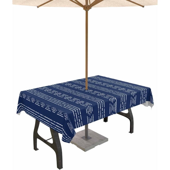 Outdoor Tablecloth with Umbrella Hole and Zipper Navy Blue Boho Outdoor Tablecloths 60x102 Waterproof Table Cloths Bohemian Style Stripe Patio Table Cloth Cover for Outdoor Tables Picnic Garden