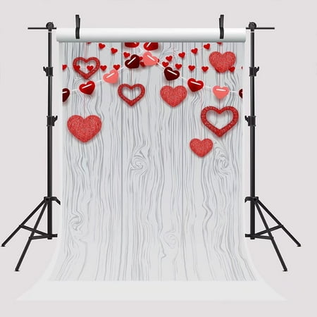 GreenDecor 5x7ft Valentine's Day Backdrops for Photographer Red Heart Background White Wood Photo Booth Backdrop Props for Parties