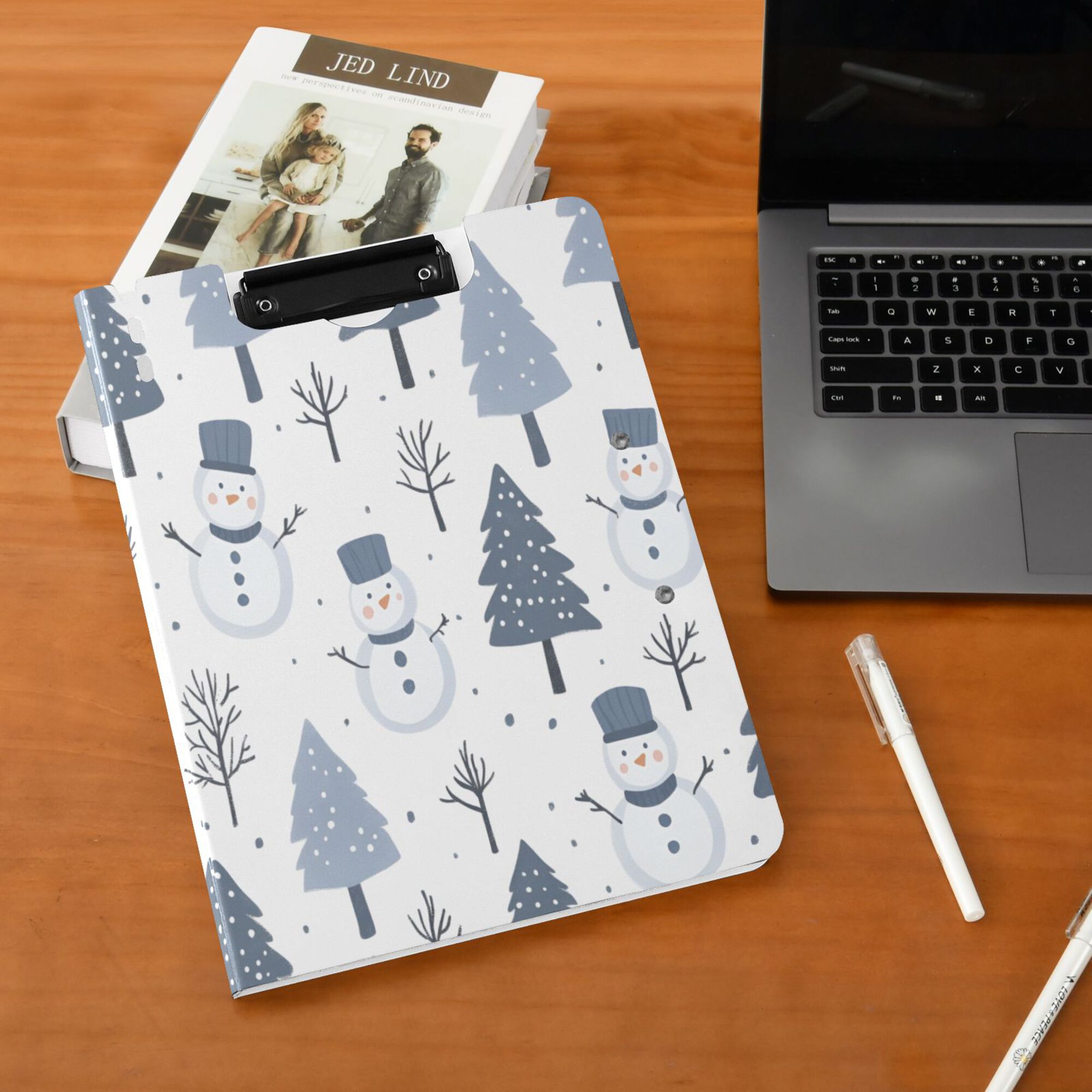 FORMRS A4 Clipboard Folder with Pen Holder Horizontal Foldable School Office Binder, Cute Snowmen