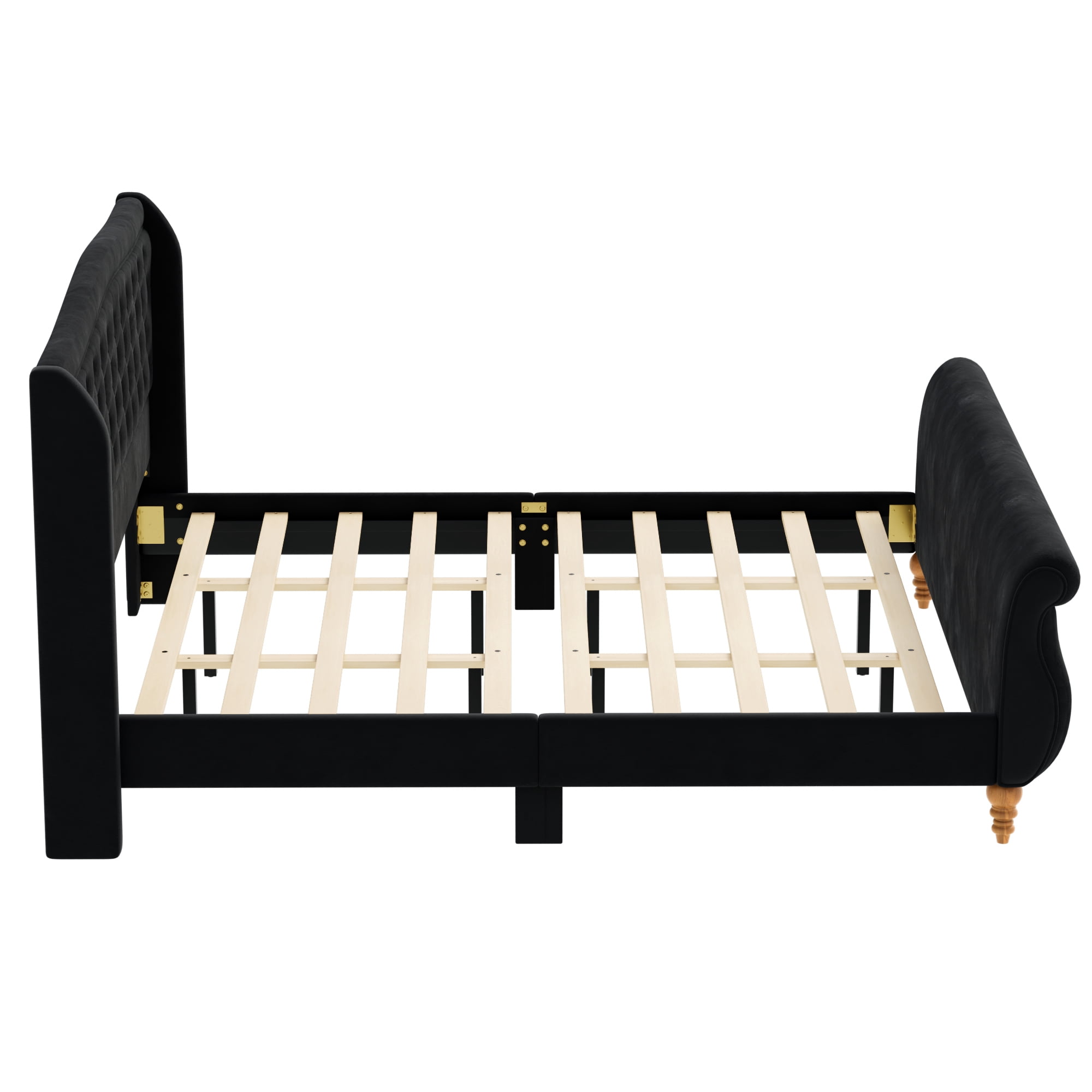 Euroco Velvet Upholstery King Size Platform Bed, Button Tufted Sleigh Bed Frame, No Box Spring Needed, Black
