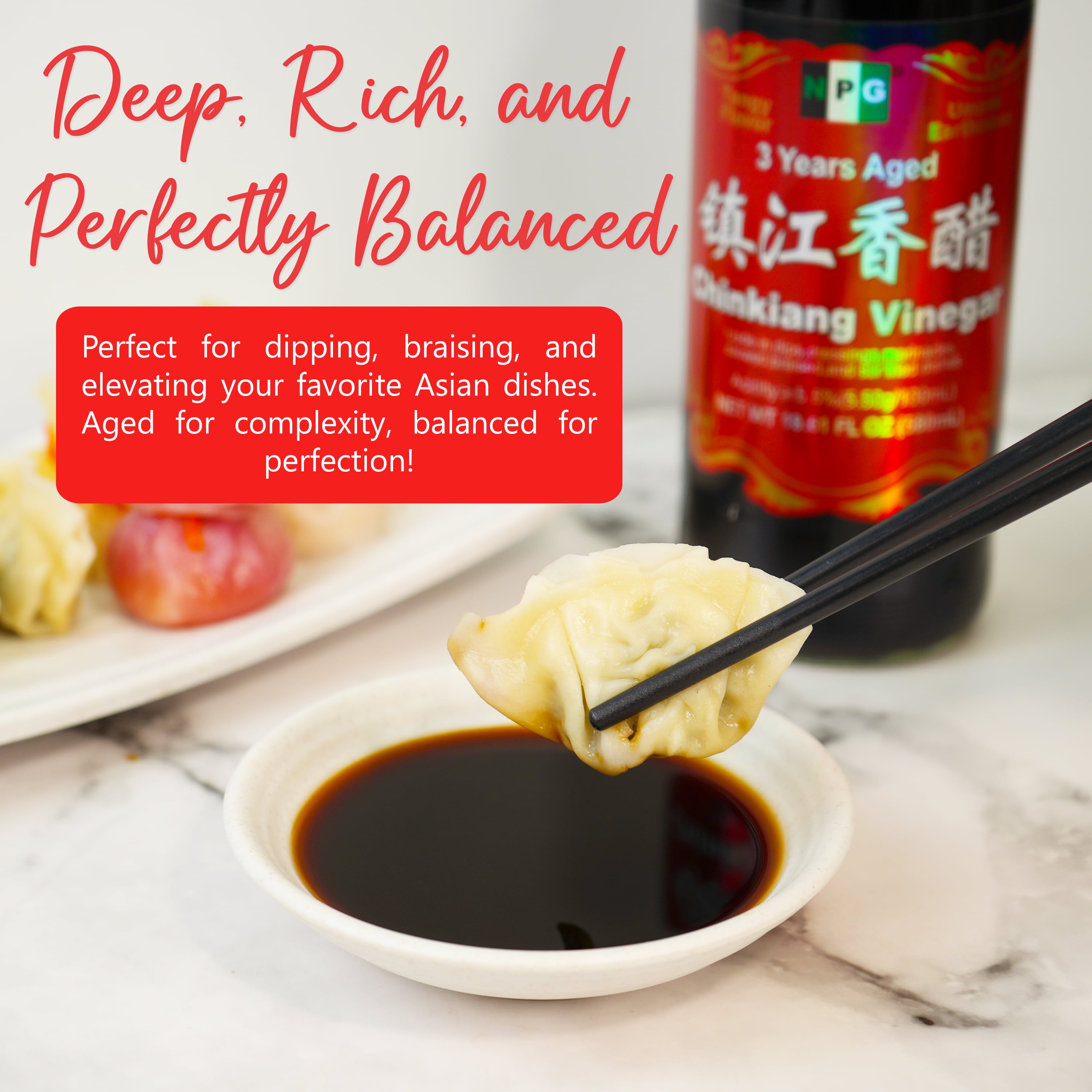 NPG Premium Authentic Chinkiang Vinegar 19.61 Fl Oz (Pack of 2), 3 Years Aged Zhenjiang Black Rice Vinegar, Naturally Brewed Chinese Black Vinegar For Dumplings, Xiao Long Bao, Sushi, Salad, Marinade