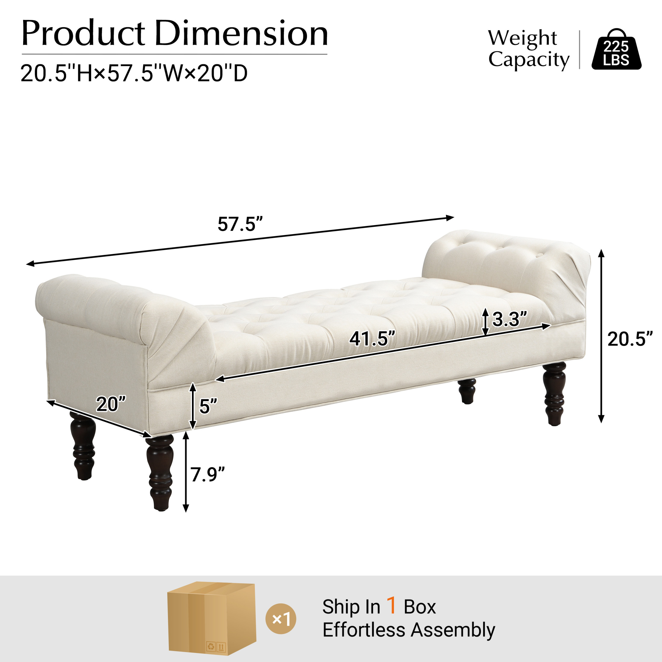 Christopher Knight Home 57.5" Button-Tufted End of Bed Bench, Large Upholstered Ottoman, Rolled Arms, Beige