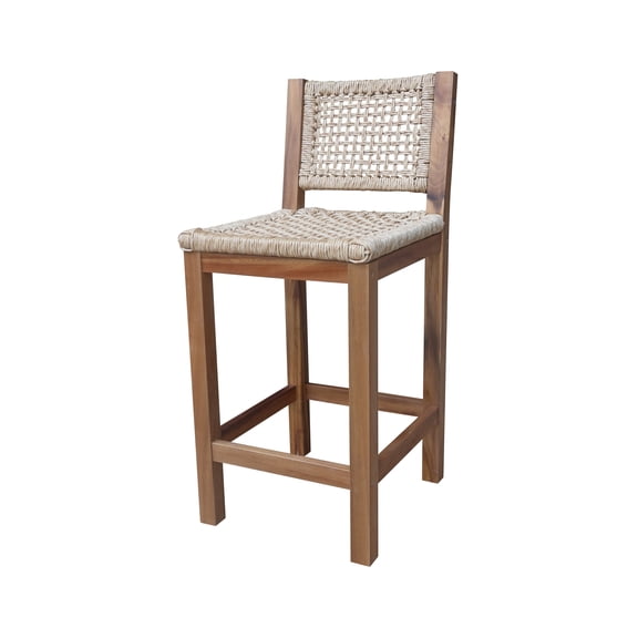 Outdoor Set of Two Wood Stools with Wicker Seats and Back
