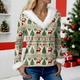 thumbnail image 5 of Jkety Sweater Women Women's Tops V-Neck Pullover Christmas Tree Print Blouses with Plush Faux Trim Long Sleeve Cozy Winter Top Beige,L, 5 of 5