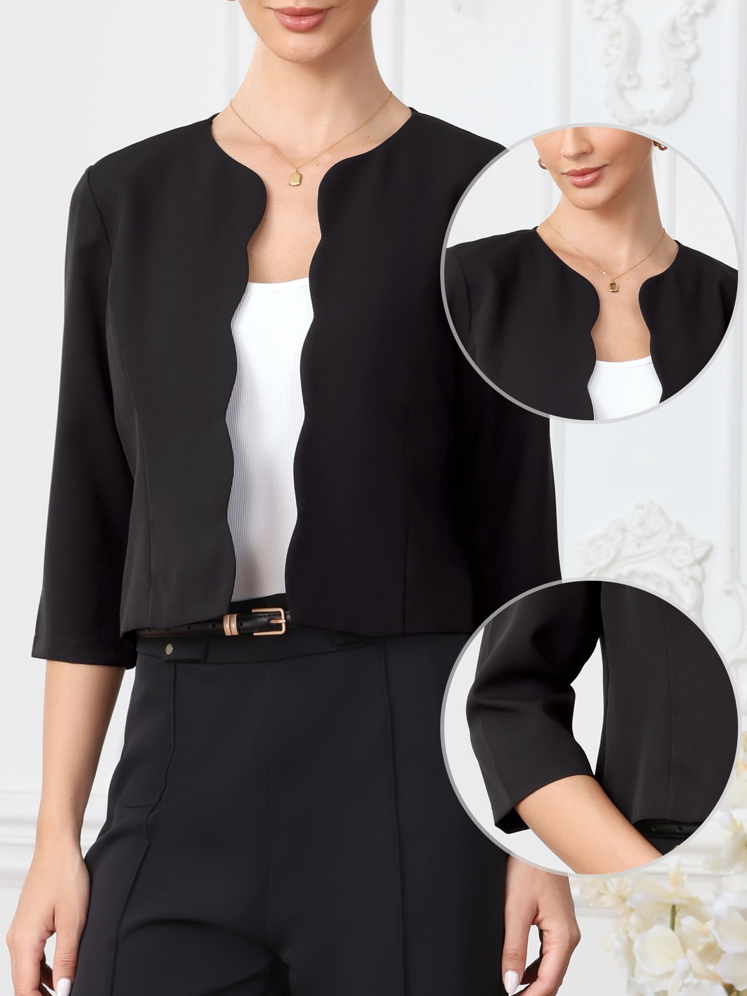 DARING DIVA Women's Crop Open Front 3/4 Sleeve Collarless Jacket L Black
