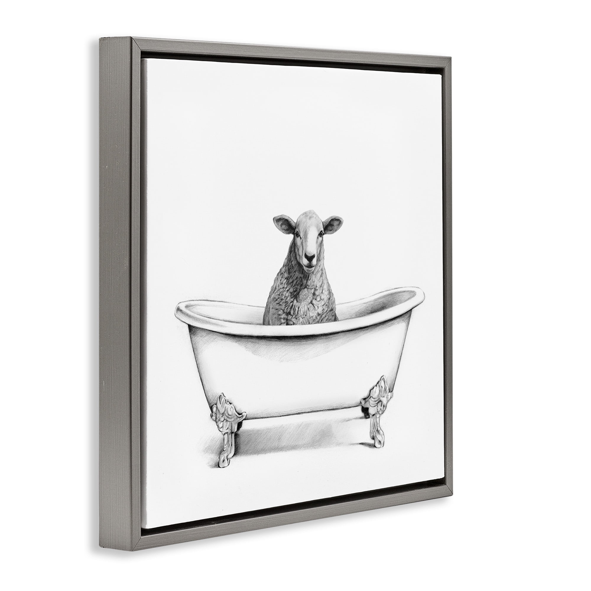 Stupell Industries Sheep in Bathtub Sketch Animals & Insects Drawing Gray Floater Framed Canvas Art Print Wall Art, 25 x 25