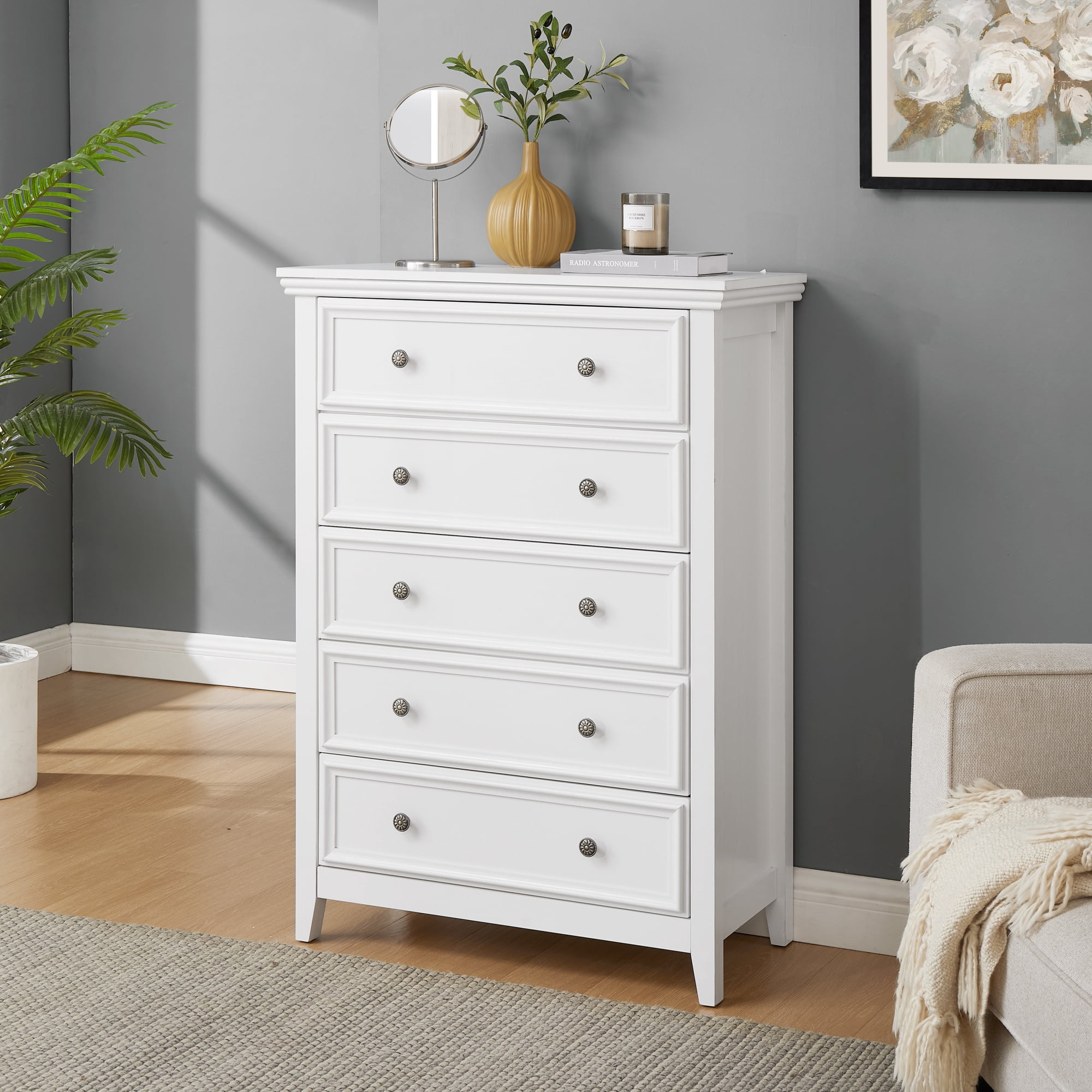 Leumius 5-Drawers Dresser,Farmhouse Tall Chest of Drawers Closet Organizers and Storage for Living Room,Bedroom,White