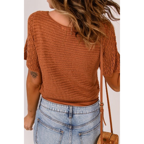 ABPHQTO Top de punto con cuello en V y manga croché marrón para mujer
