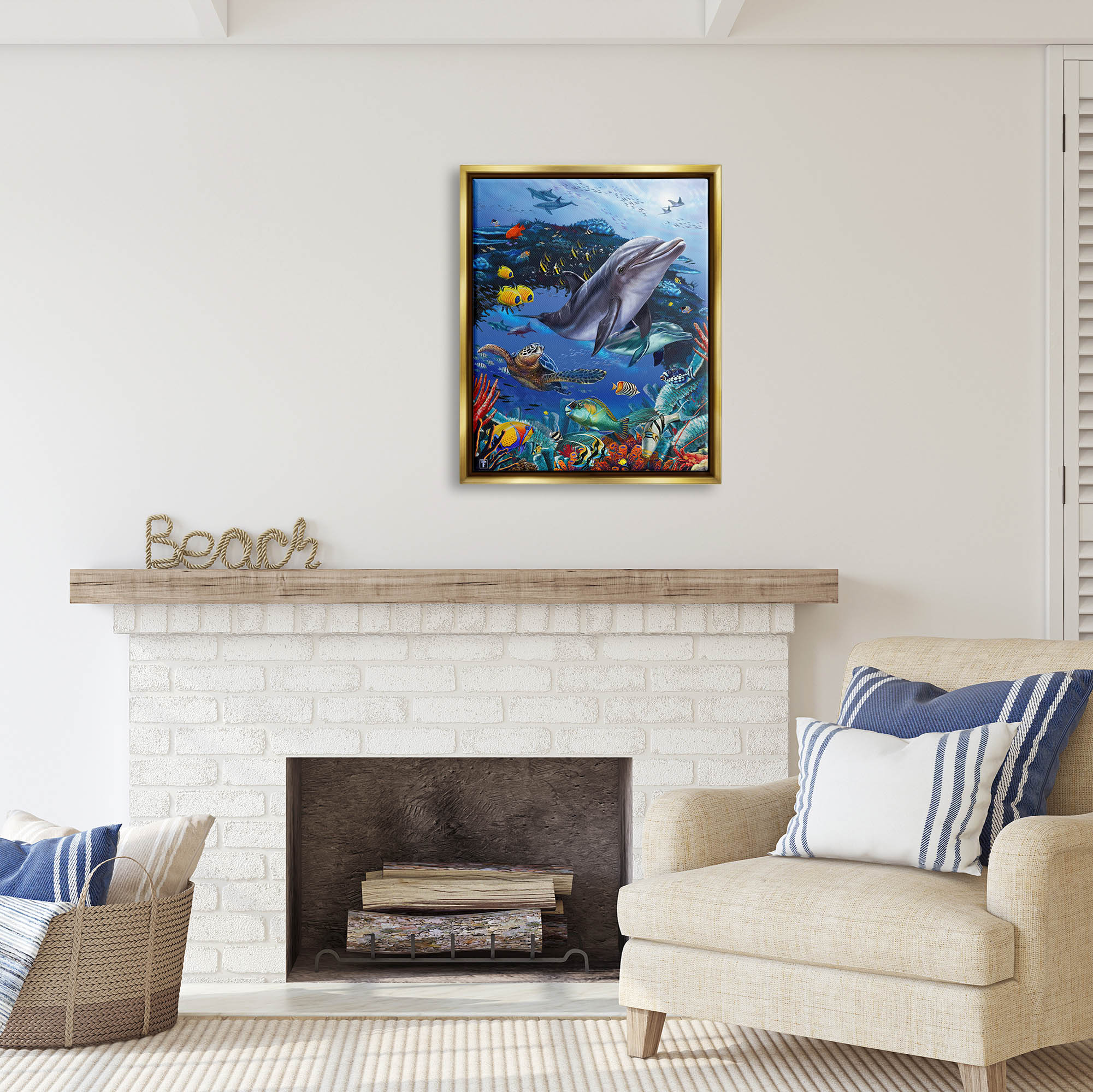 Stupell Industries Vivid Underwater Sea Life Coastal Painting Gold Floater Framed Art Print Wall Art