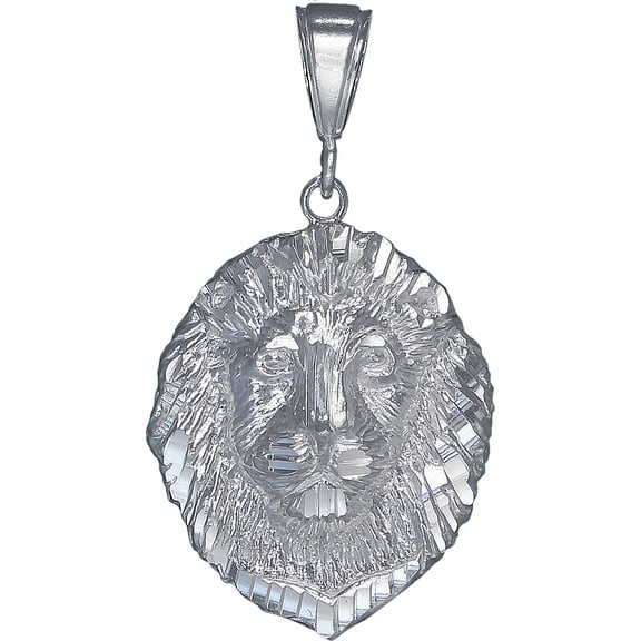 Sterling Silver Lion Head Charm Pendant Necklace with Diamond Cut Finish and 24 Inch Figaro Chain