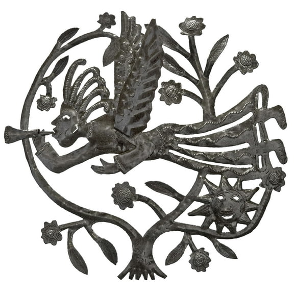 Haitian Recycled Steel Oil Drum, Metal Hanging Wall Art, 15" 3D Angel