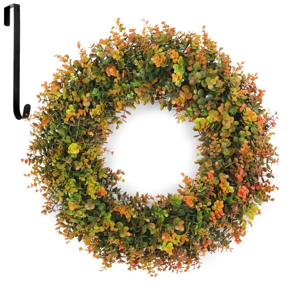 HKKDKTA 24" Fall Wreath for Front Door with Hook, Artificial Boxwood Leaves Wreaths, Autumn Farmhouse Harvest Festival Thanksgiving Day Decor