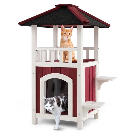 Outdoor Cat House, 2-Story Wooden Cat Shelter with Asphalt Roof, Balcony, Rain Curtain, Jumping Platforms, Removable Floor, Weatherproof Pet Hutch for Small & Medium Sized Cats
