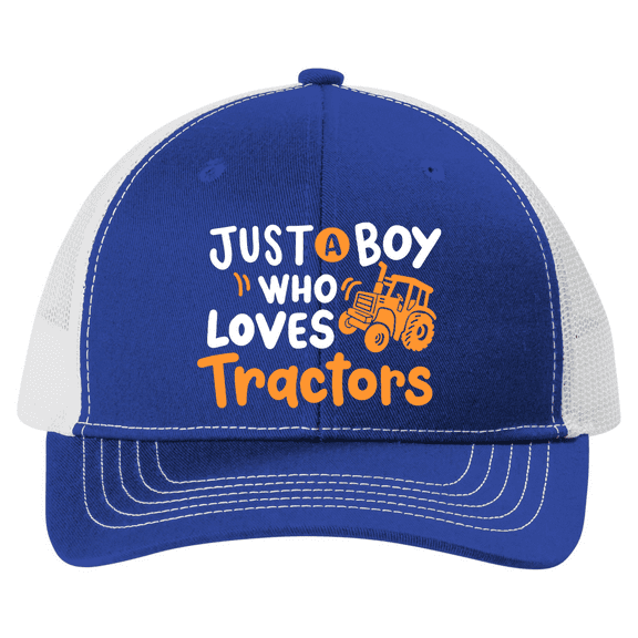 Trenz Shirt Company Youth Embroidered Snapback Boys Mesh Trucker Hat - Boy Who Loves Tractors Design, Royal/White
