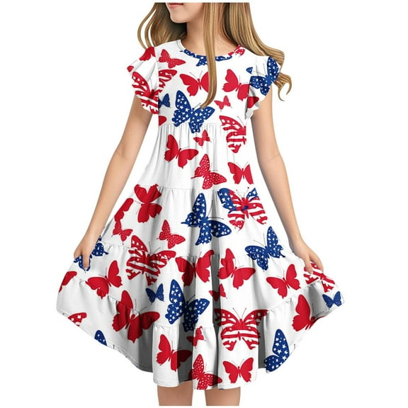 Lcziwo Girl Patriotic Dress Casual Loose Princess Dresses Red Blue and White Print Dress Short Ruffled Sleeve Crew Neck Dresses with Pockets White,8 Years