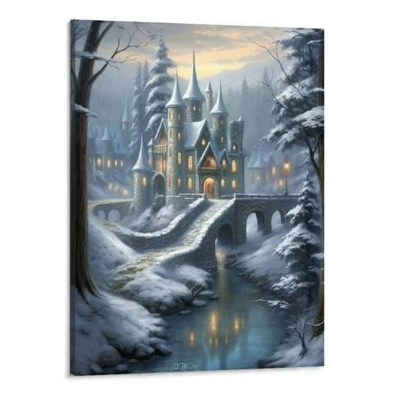 Creowell Christmas Winter Scene House Wall Decor - Deer Christmas Tree Painting Prints Animal Pictures Animal Elk Poster Canvas Art Wall Decor Modern Framed Artwork 16x20 Inch