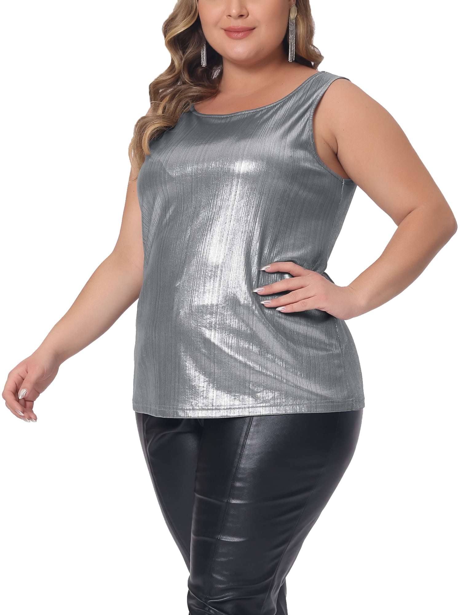 Agnes Orinda Women's Plus Size Tops Round Neck Sleeveless Party Clubwear Holographic Shiny Metallic Tank Top 1X Silver