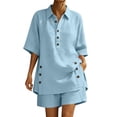 thumbnail image 2 of Cagogo Women Plus Size 2 Piece Set Casual Collared Short Sleeve Shirt Shorts Solid Summer Outfits Tracksuits Lounge Sets Vacation Travel Clothes, Blue M, 2 of 7