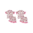 thumbnail image 2 of RUINIXCW Kids Toddler Baby Girls Silk Satin Back to School Pajamas Set Summer PJS Set Sleepwear Bow Pencil Printed Short Sleeve Button Down Shirt and Ruffle Shorts Set Homewear Loungewear 3-9 Years, 2 of 8