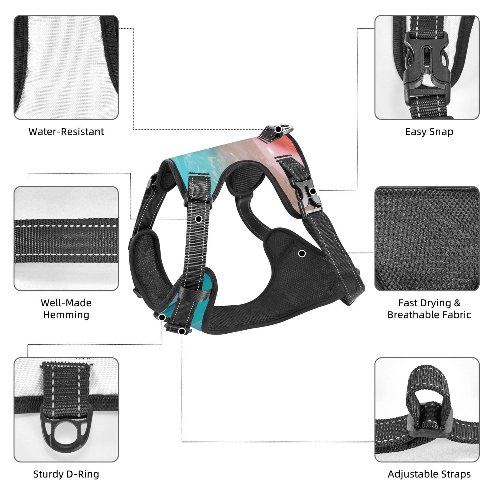 Kdxio Pink Float Ring On Beach Print No Pull Dog Harness Adjustable Reflective Oxford Easy Control Medium Large Dog Harness for Training and Everyday-Large